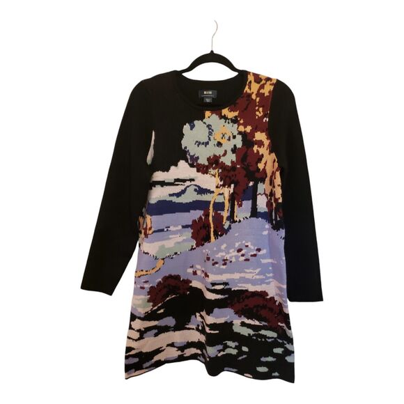 Anthropologie Maeve Scenic Min Sweater Dress Black Lavender Red Tan Motif Small - Picture 4 of 11